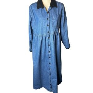 Denim Dress Womens 14 Studio Ease Long Sleeve Blue Black Collar Midi Prarie
